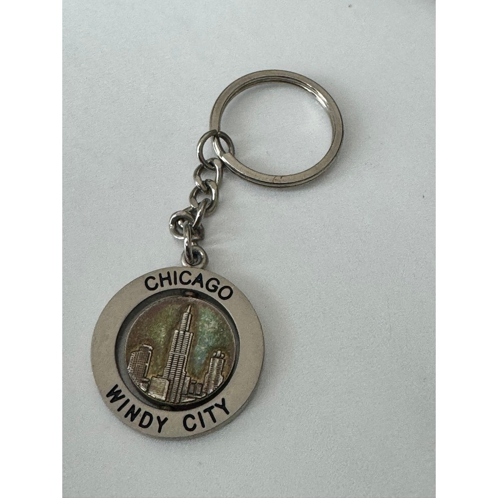 Chicago Windy City Spinning Skyline Keychain Silver Tone Metal‎ Souvenir Retro